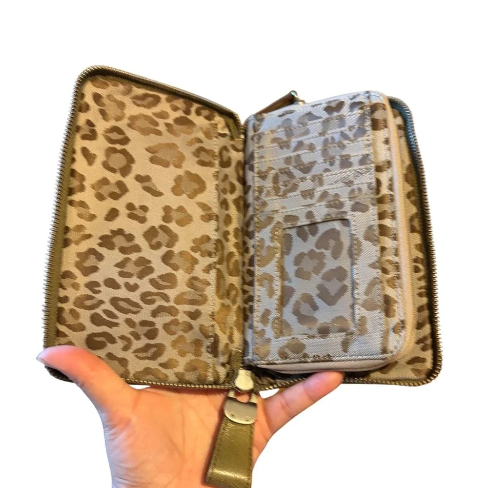 Perlina New York Olive Green Quilted Leather Zip Around Wallet Leopard‎ Lining